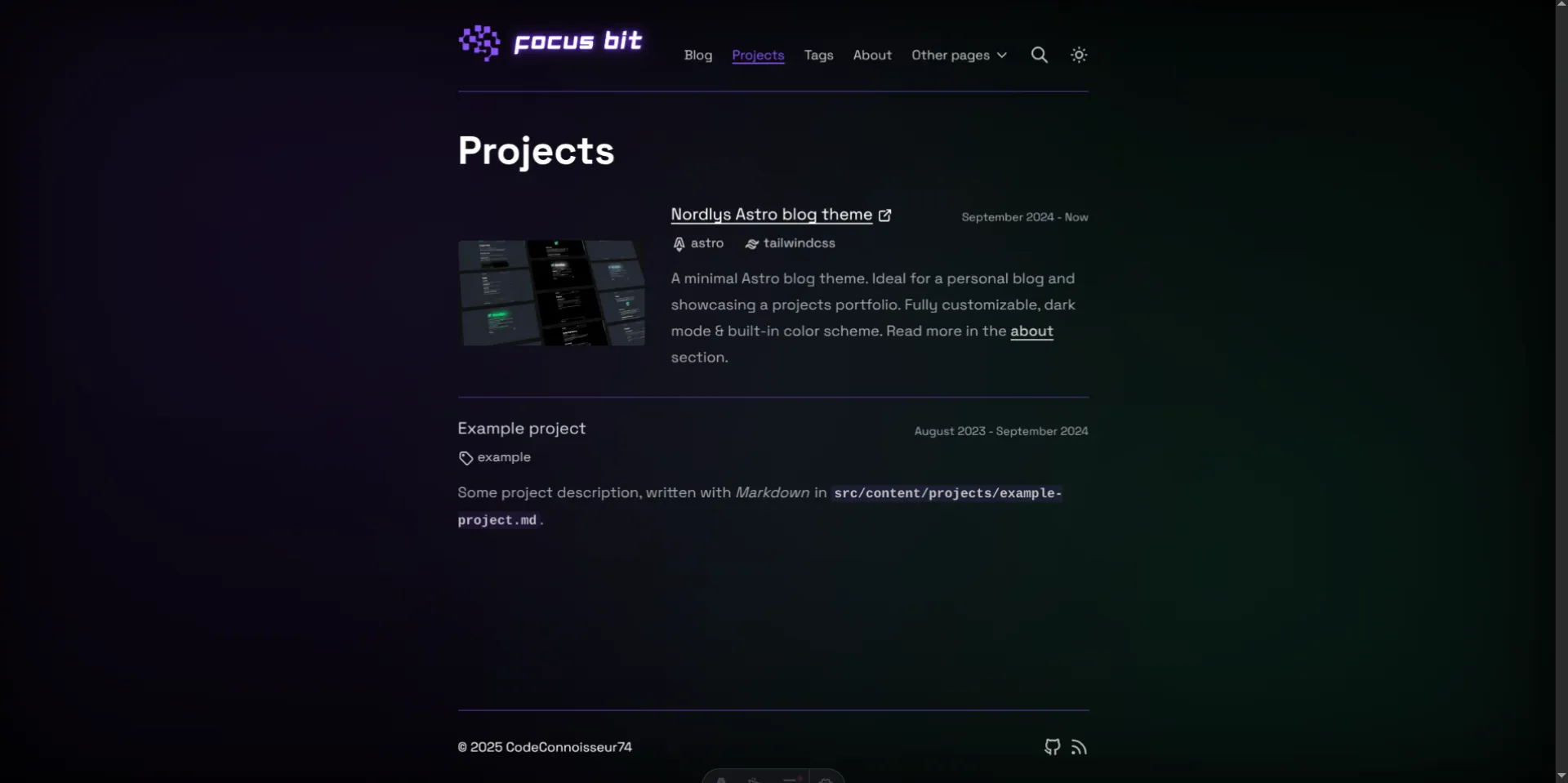 Focus Bit projects page in dark mode with focusbit color scheme